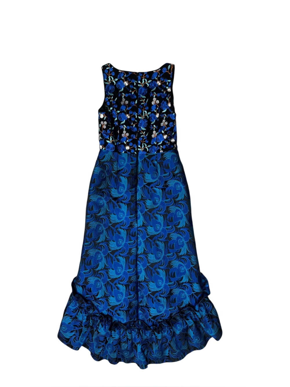 Belle Badgley Mischka Blue Embroidered High Low Jacquard Dress Size 6 - Picture 11 of 15